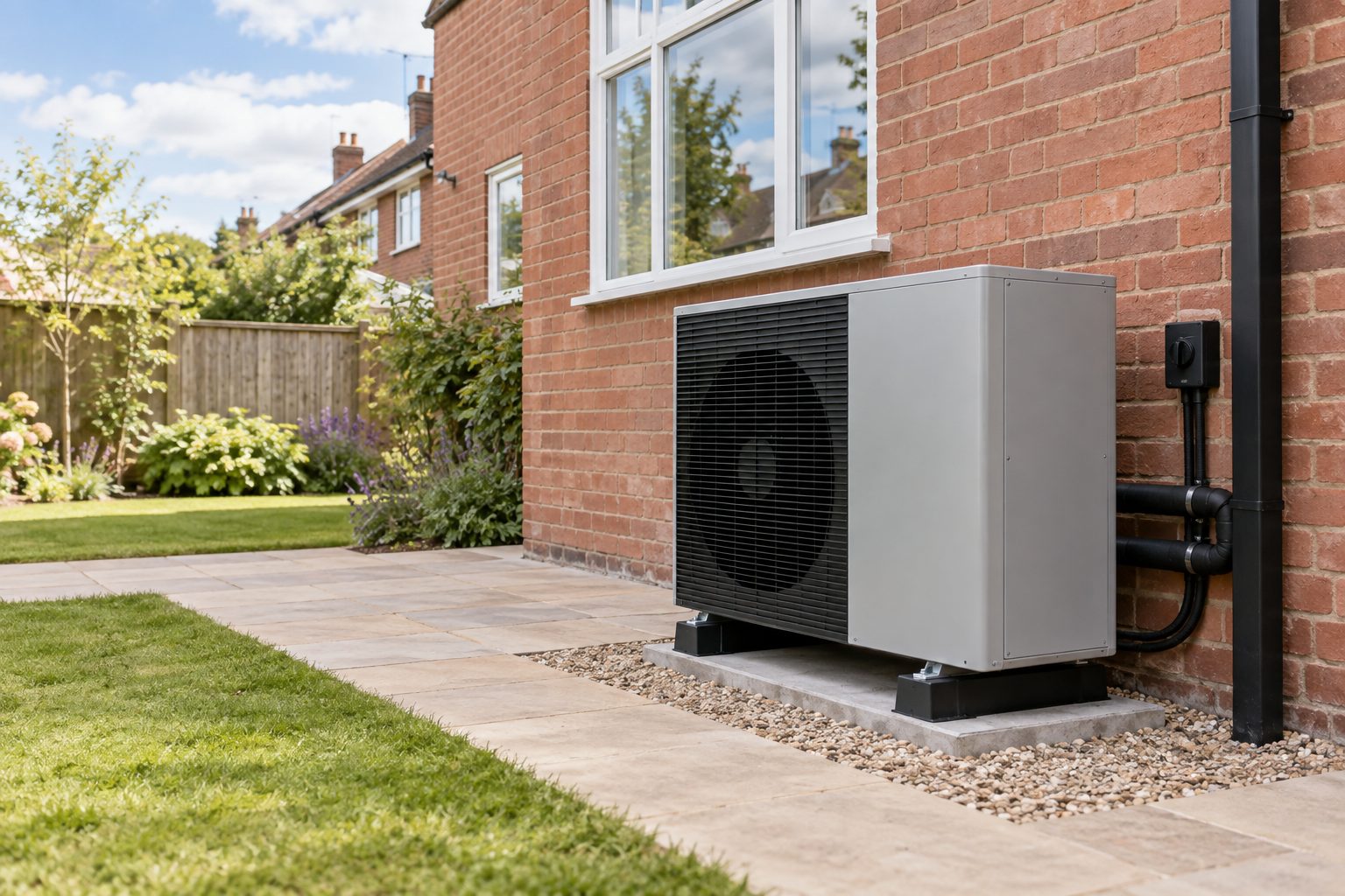 Outdoor air source heat pump beside a British red-brick home