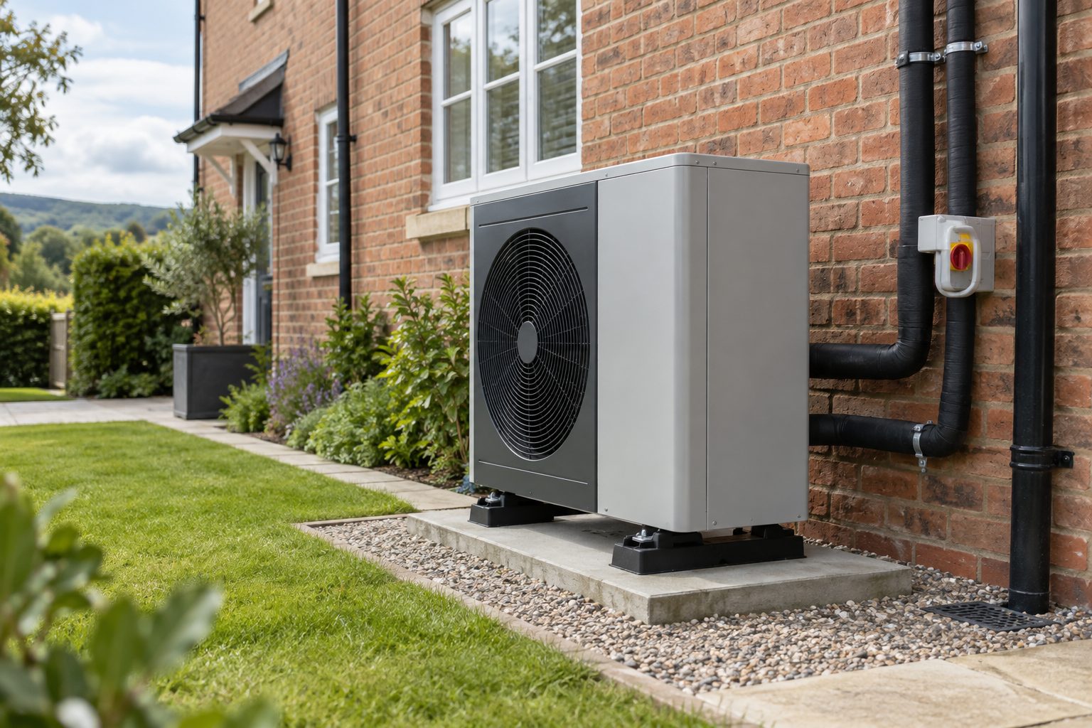 New outdoor heat pump with insulated pipework on a prepared base