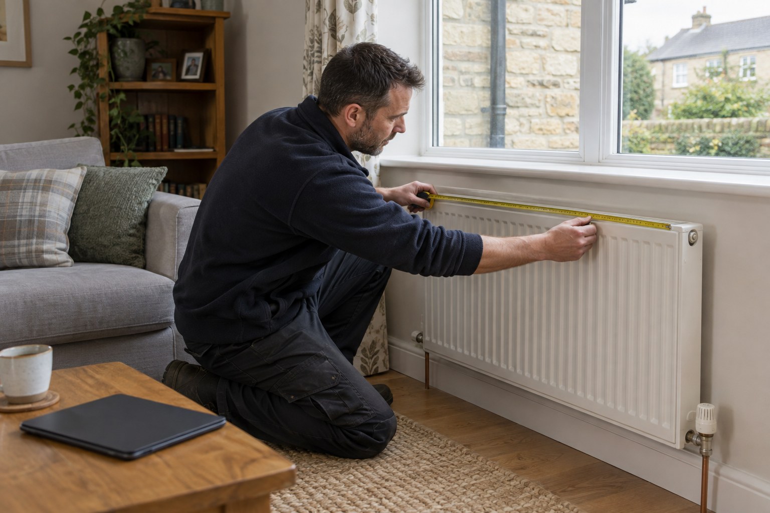 Surveyor measuring a radiator in a British sitting room