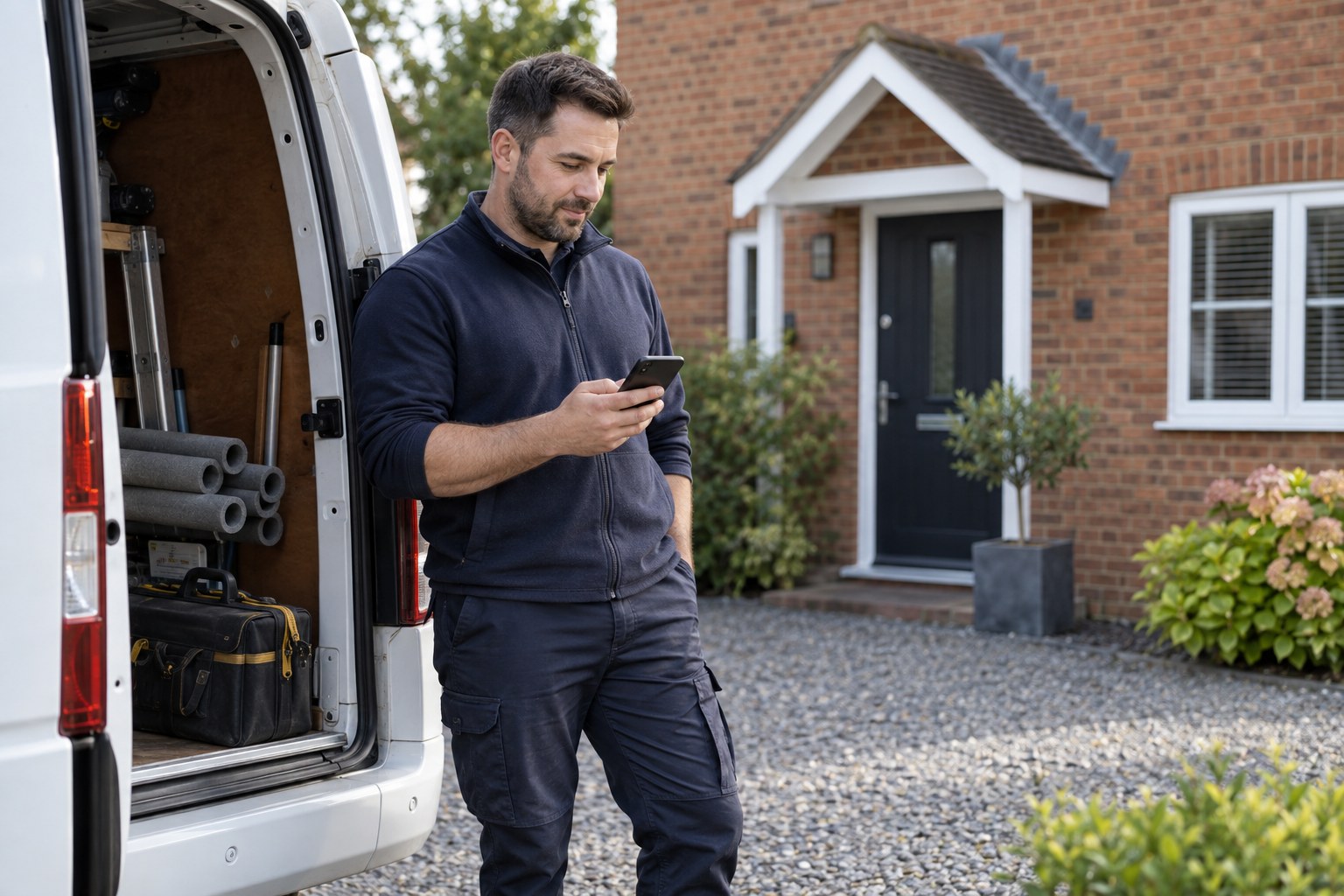 Heating engineer checking a mobile phone beside a work van