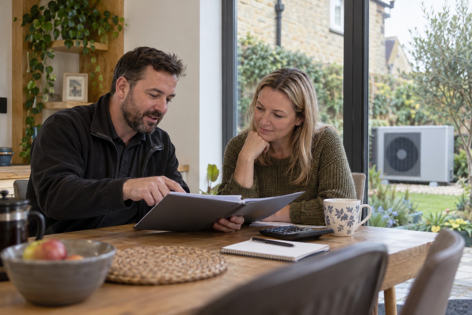 Homeowner and adviser reviewing project paperwork at a dining table