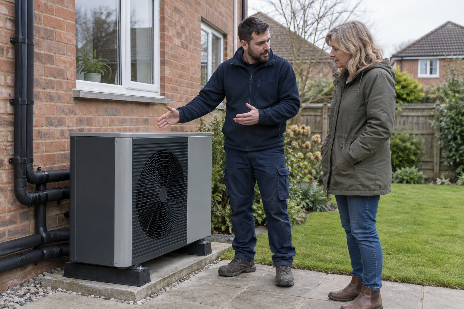 Homeowner and heating engineer discussing an outdoor heat pump in a brick house garden