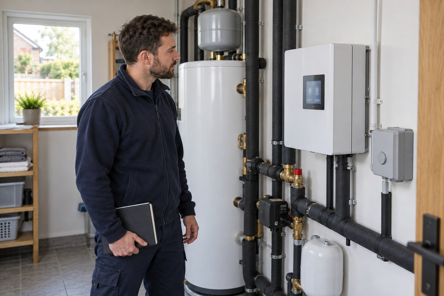 Engineer inspecting a heat pump controller beside a hot water cylinder