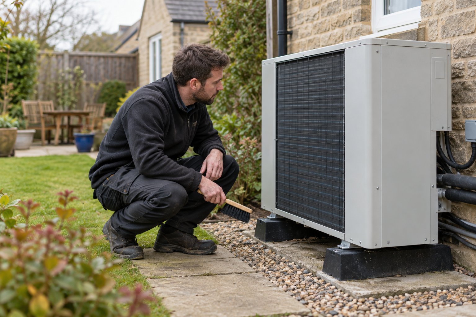 Engineer inspecting the outdoor heat pump coil during a maintenance visit