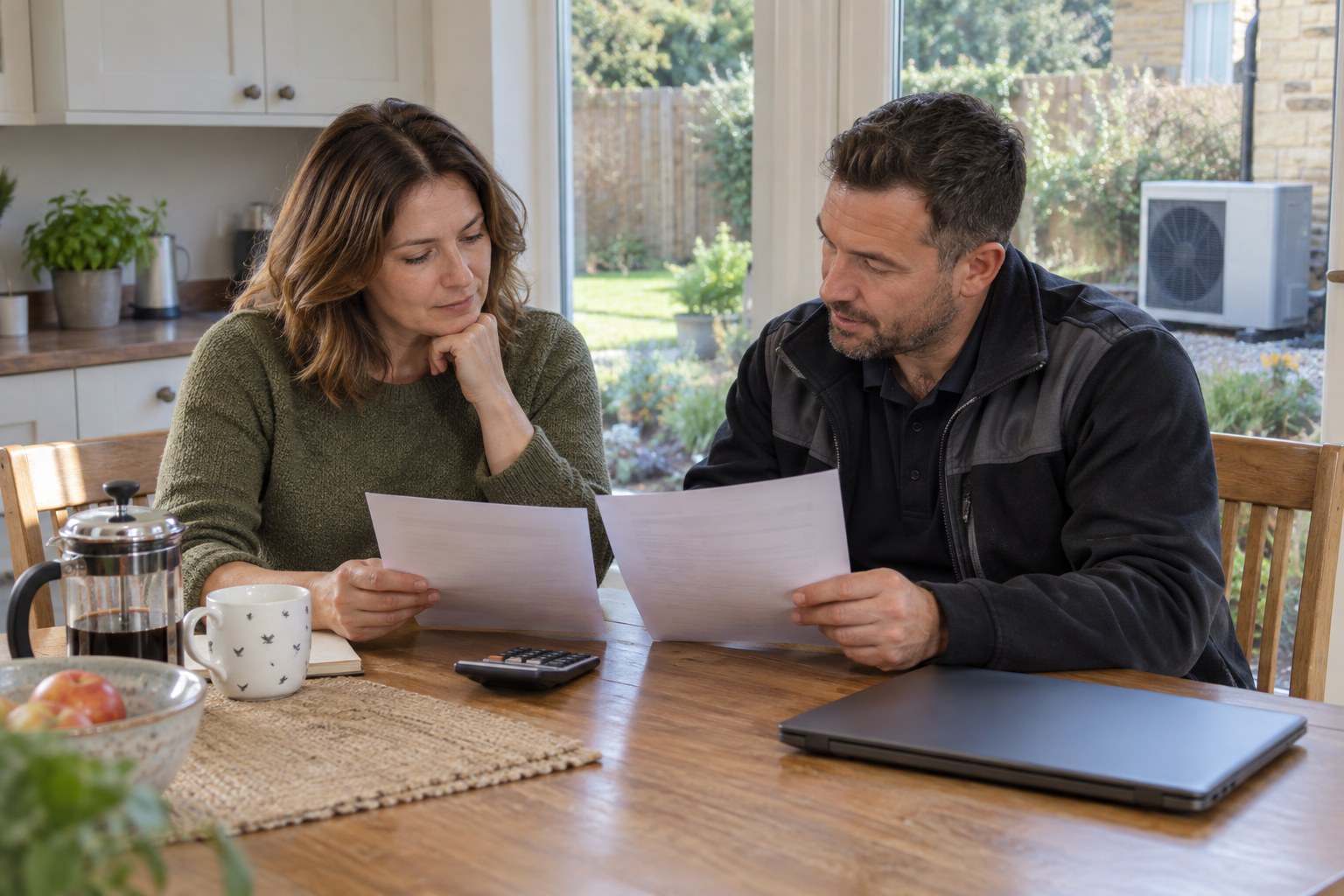 Homeowner and engineer comparing quotation sheets at a kitchen table