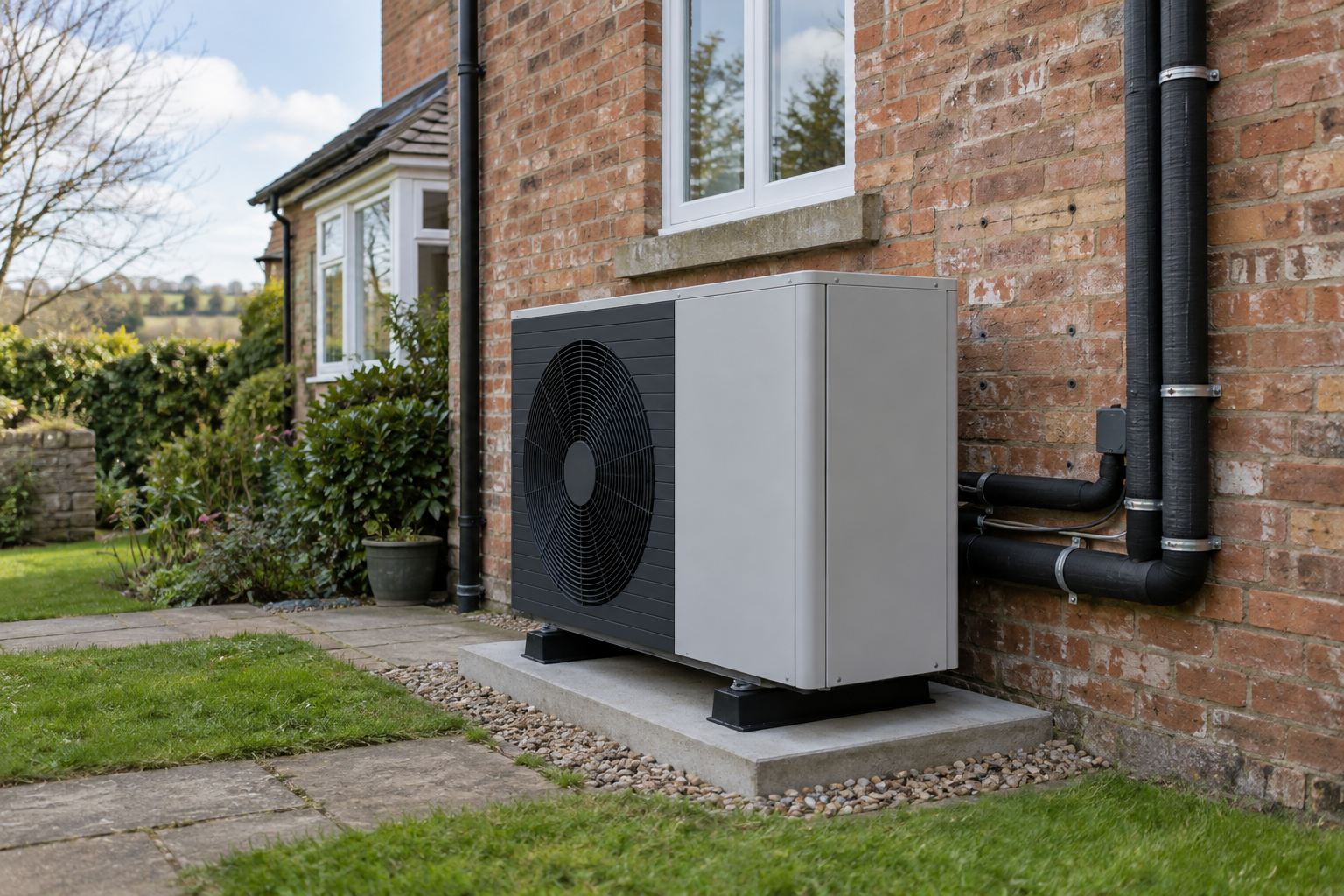Replacement heat pump beside weathered brickwork with renewed pipe insulation